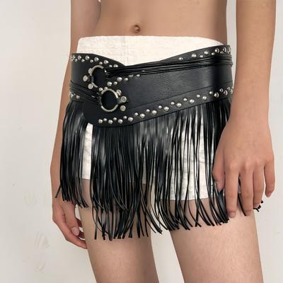 Y2K Harajuku PU Leather Tassel Belt Punk Style Patchwork Design Wide Belt Western Cowboy Vintage Rivet Belt Daily Wear