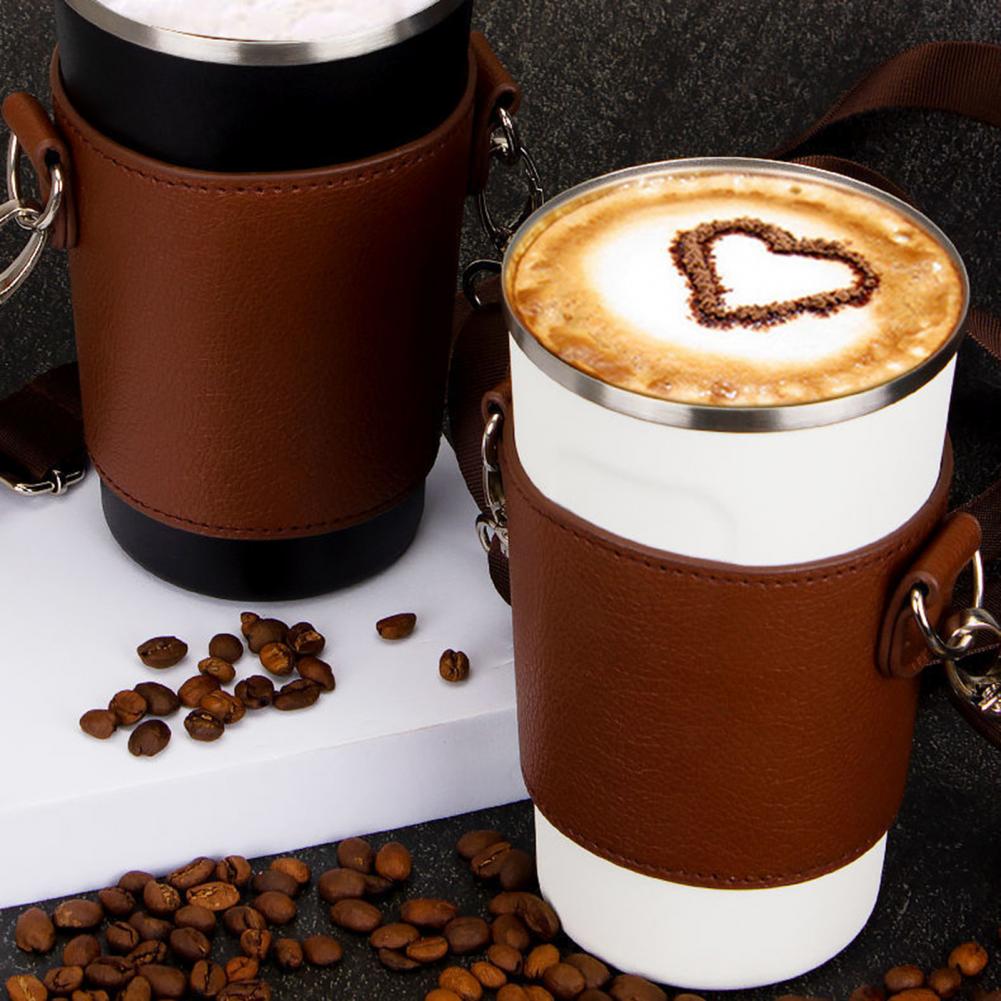 Universal Beverage Cup Bag Portable Strap Faux Leather Beverage Cup Sleeve Coffee Cup Holder Hanging Strap