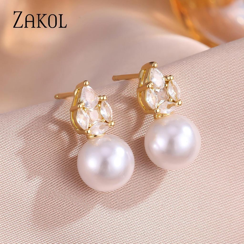 ZAKOL Fashion Water Drop CZ Zircon Imitation Pearl Stud Earrings For Women Elegant Wedding Party Bridal Jewelry