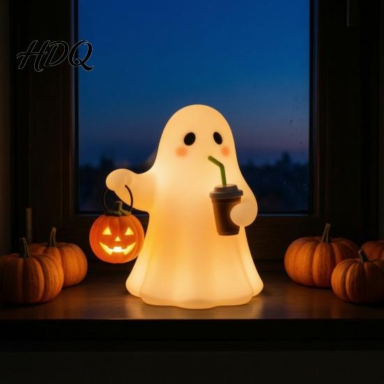 Dekorationsobjekt für den Innenbereich Niedliche Geister-Halloween-Figur mit leuchtendem Kürbis Harz Nacht-Schreibtischdekoration Tischdekoration Lustige Dekoration für