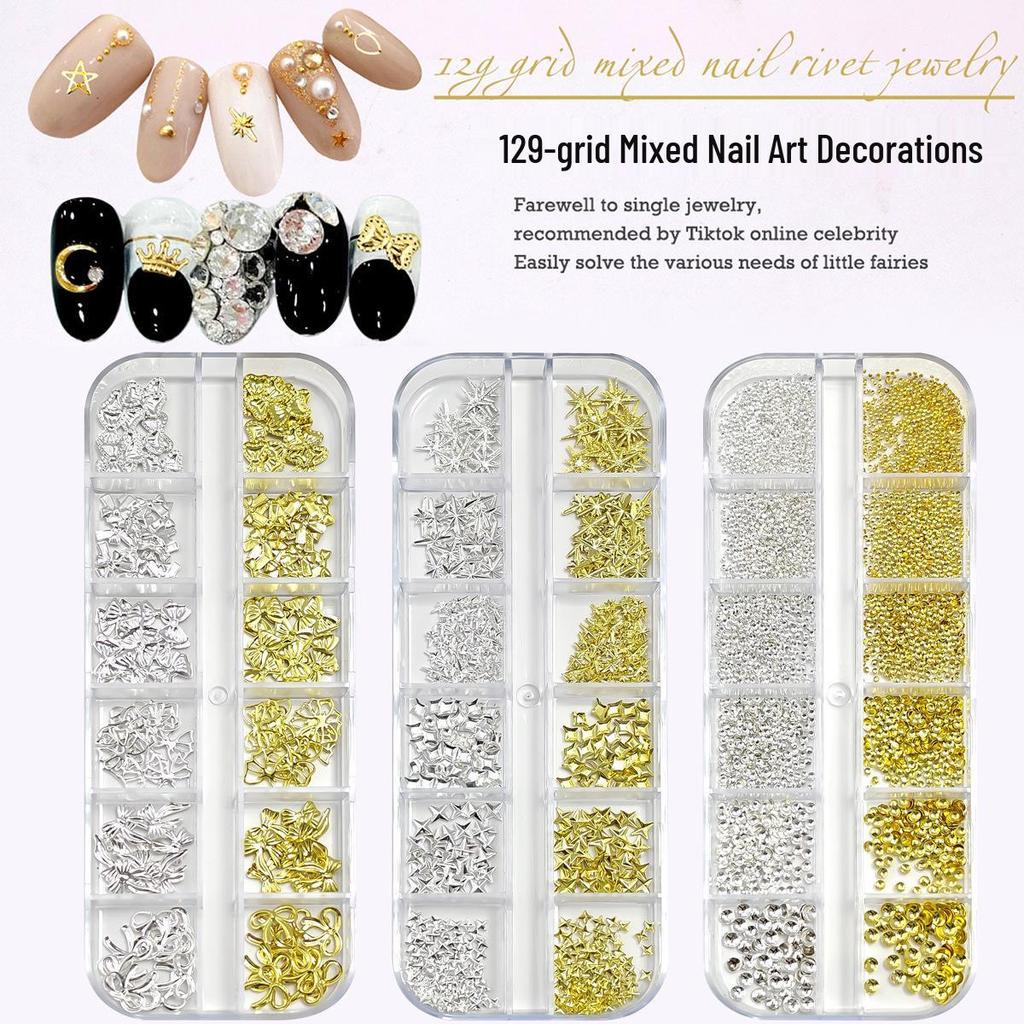 Decorazioni per Unghie Oro e Argento: Fiocco, Stella, Farfalla, Borchie, Perline e Strisce