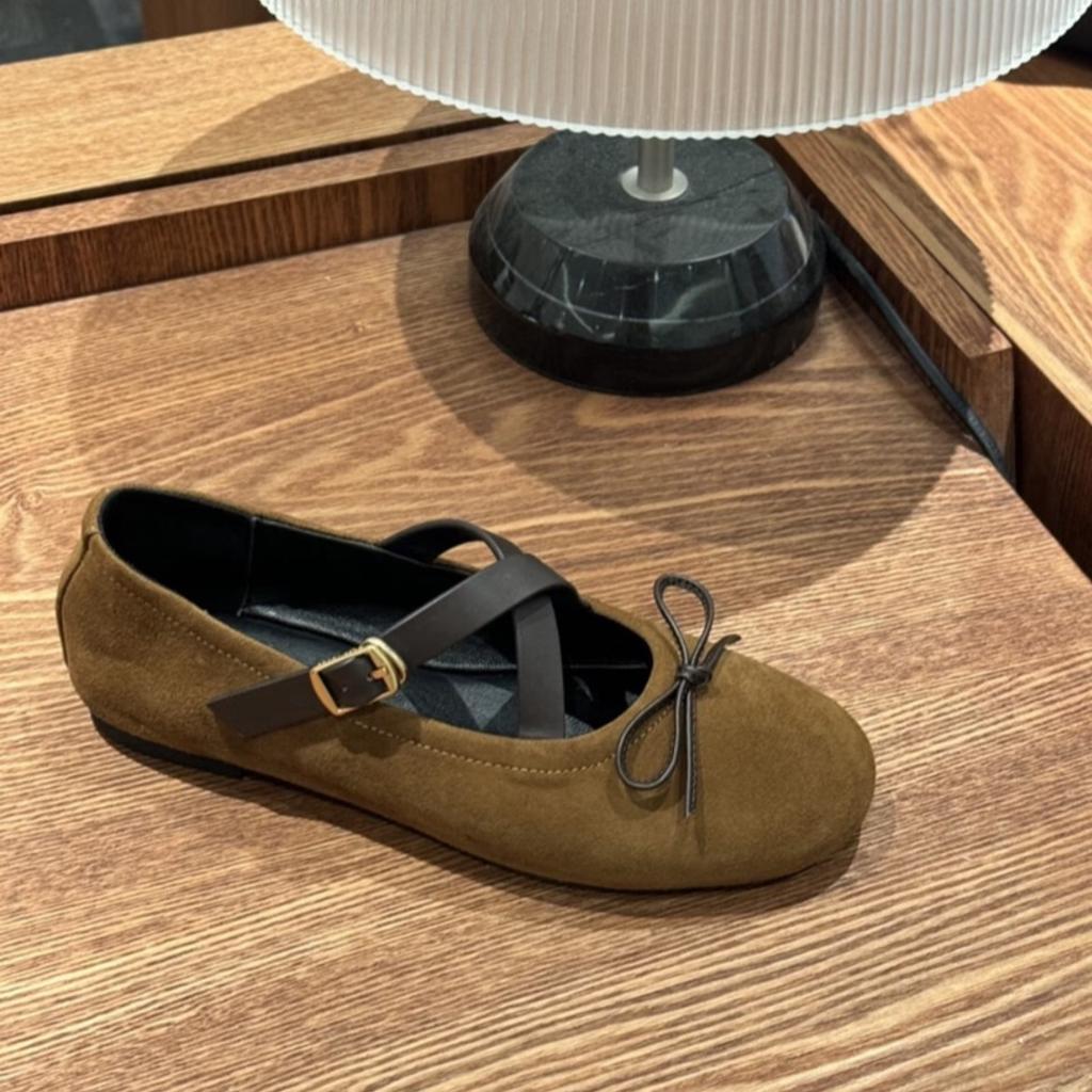 Cross Buckle Shallow Mouth Flat Bottom Mary Jane New Vintage Suede Round Head Bow Single Shoes Women