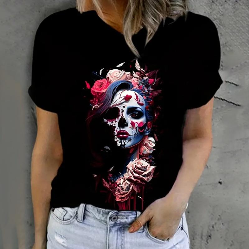 Skeleton Flower Pattern T-Shirt Women 3D Printed Short Sleeves Summer Loose O-Neck Casual Comfortable Fashionable T-shirt