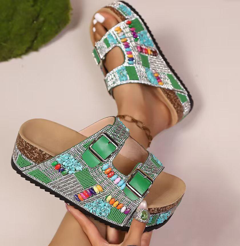 Damen S Kork-Slipper mit Strasssteinen, dicke Sohle, für den Außenbereich