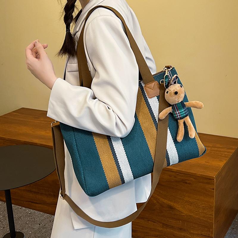 Big Bag Women's New Fashion Striped Canvas Bag Commuter Hand Shoulder Messenger Trendy Large Capacity Tote Bag