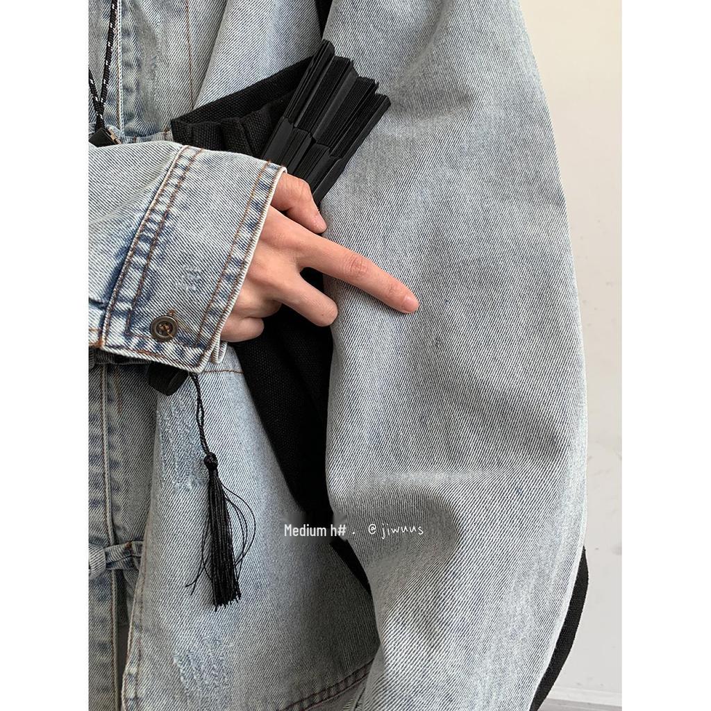 Unisex Retro Frog Button Denim Shirt: Versatile Blue Stand Collar Jacket for Men & Women