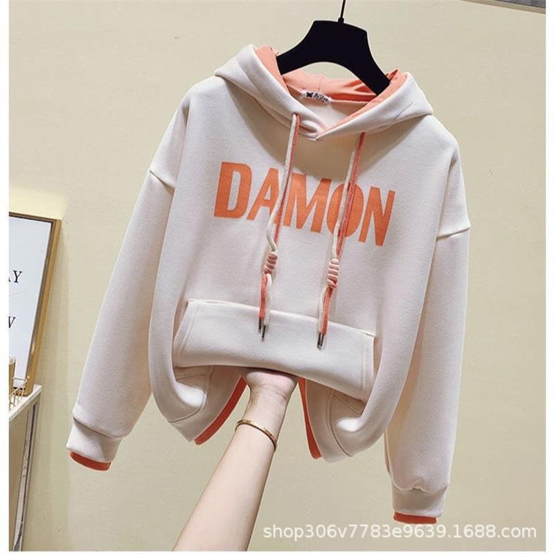 Letter Print Cropped Hoodie Women Casual Long Sleeve Drawstring Hooded Sweatshirt L