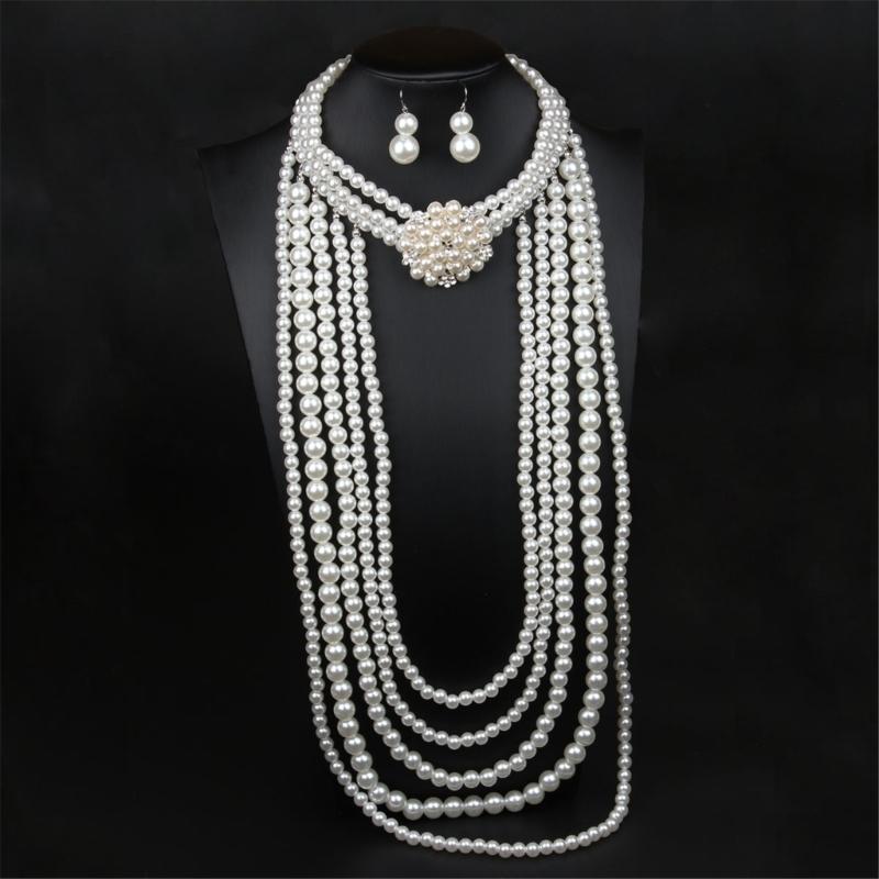 Elegant Faux Pearls Collar Bib Necklace Earrings Fashionable Beaded Jewelry Set Multilayered Strand Accessory for Women