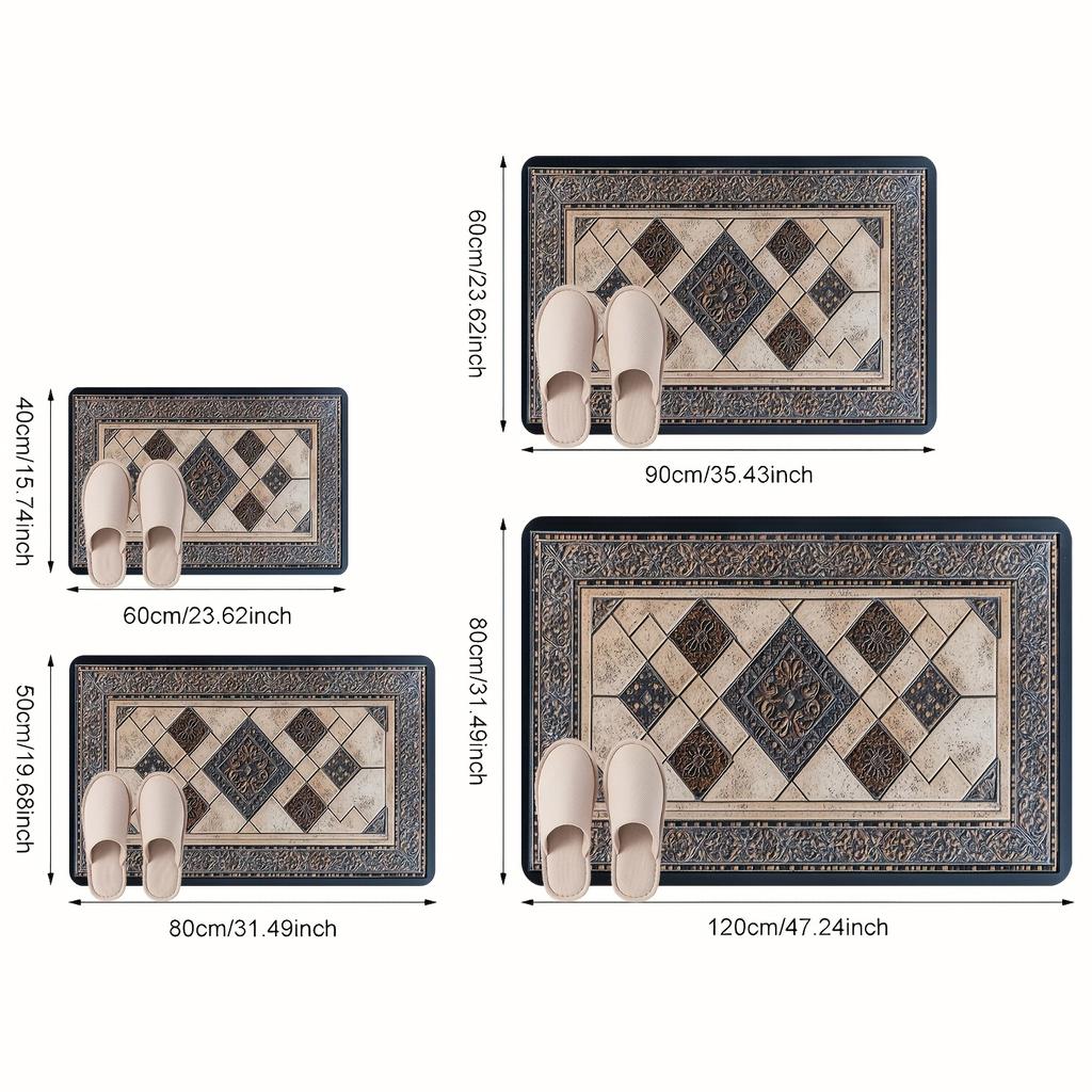 1pc Rectangular Indoor/Outdoor Welcome Door Mat - Decorative Ceramic Tile Pattern with Geometric Border, Machine Washable Polyester Mat for Living
