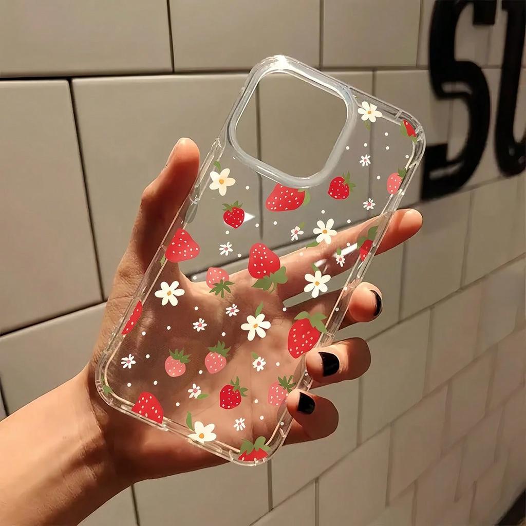 Shock-Absorbing Transparent Minimalist Floral Strawberry Phone Case For iPhone 16 Pro Max XS X XR 11 12 13 14 15 7 8 Plus Cover