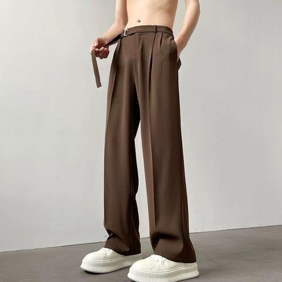 Men Suit Pants Straight Wide Leg Loose Belted Adjustable Waist Solid Color Formal Business Style Streetwear Full Length Casual Office Wear Trousers