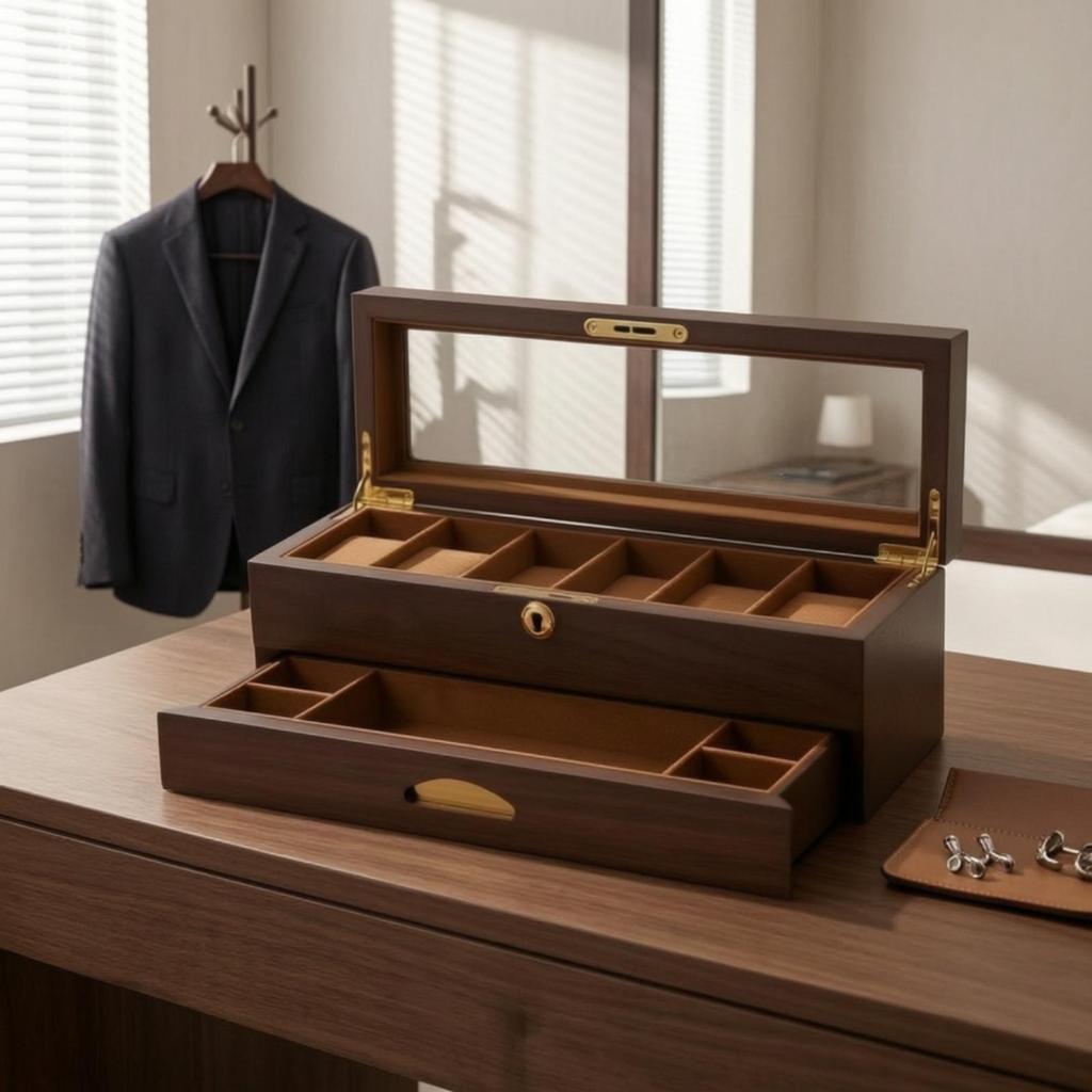Double-Layer Watch Case Velvet-Lined Jewelry Storage Box with Drawer Padded