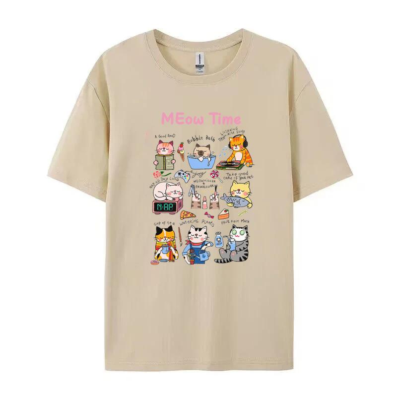 

Cute Meow Time Graphic Tops Aesthetic Kitten Pattern Shirt Women Loose Cotton Cottagecore Clothing 90s Retro Cat Lover Tshirts 2XL
