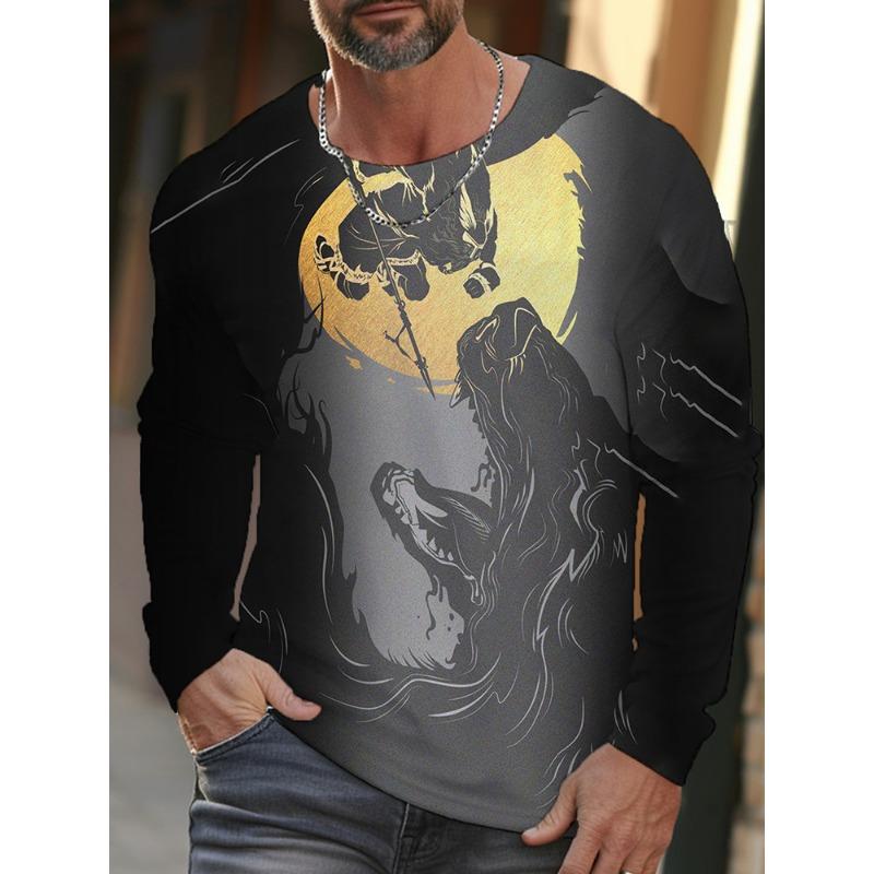 2025 3D Wolf Print Men's Round-neck T-shirt Street-style Men's Long-sleeved T-shirt Autumn-winter Daily Casual Men's Warm Top