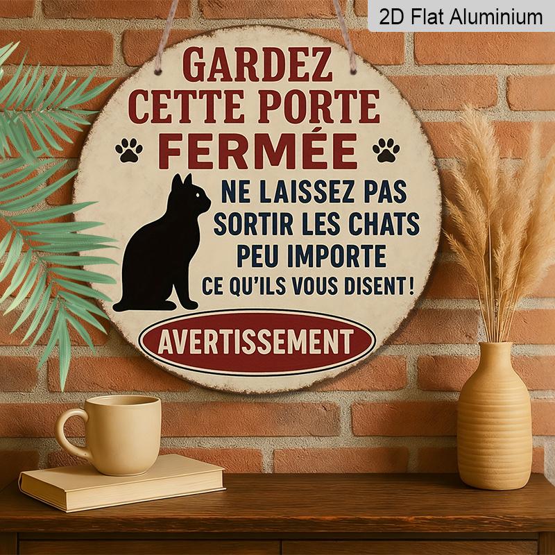 2D Flat, 1pc Round Aluminum Decorative Sign, French-Style Vintage Aluminum Sign with Paw Print - Humorous "Don't Let the Cat Out" Warning Plaque