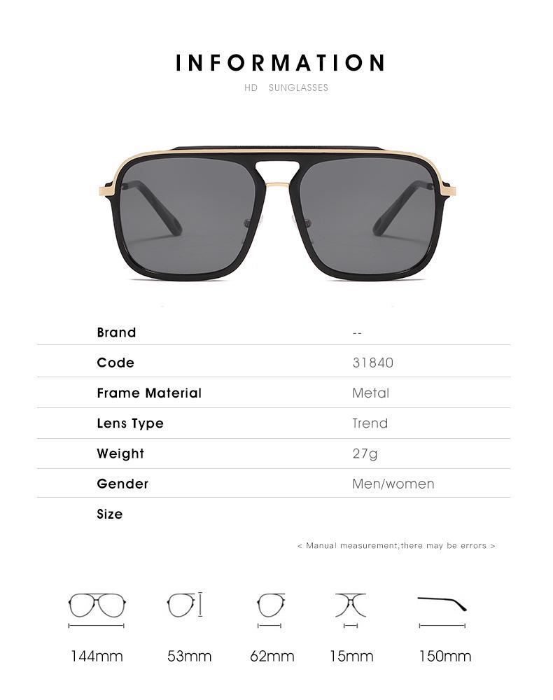 3184 Große quadratische Metallrahmen-Sonnenbrille mit Doppelsteg, UV-Schutz, Braun, Europäischer Stil für Damen und Herren