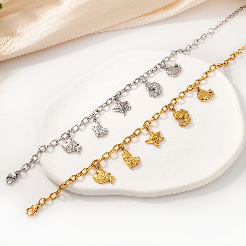 Gold-Plated Titanium Ocean-Inspired Necklace & Bracelet Set with Starfish and Fish Pendants - Versatile Women's Jewelry