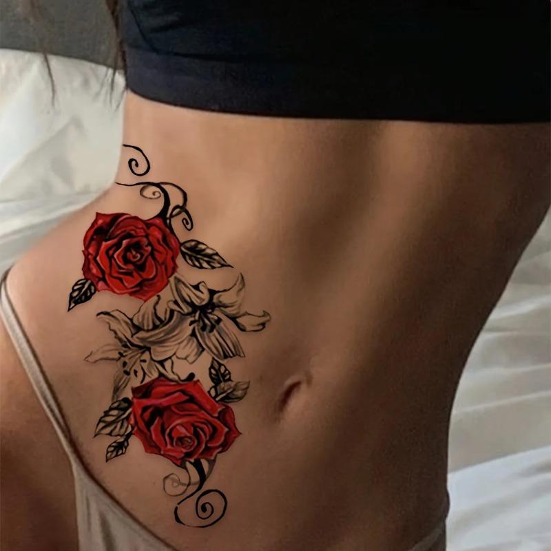 Red Temporary Rose Flower Arm & Leg Tattoo Stickers, Stripper Chest & Thigh Design, Waterproof, Perfect For Women