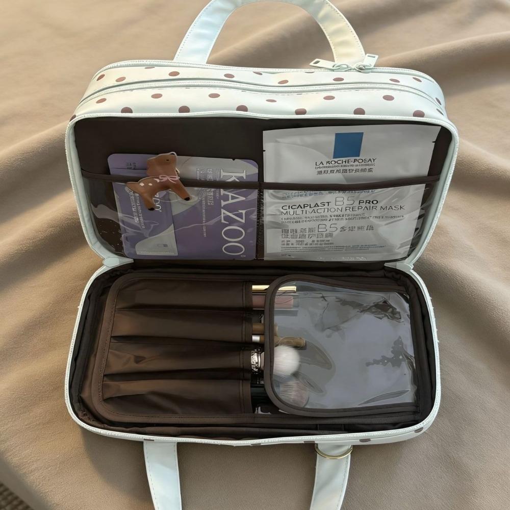 Portable Polka Dot Makeup Bag Large Capacity with Handle Cosmetic Bag Three Layer PU Travel Toiletry Bag