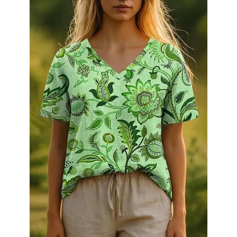 3D T-Shirt Flower Summer Women's T-Shirt Floral Pattern Bohemian Style Casual Short-Sleeved V-Neck Loose Women's Clothes
