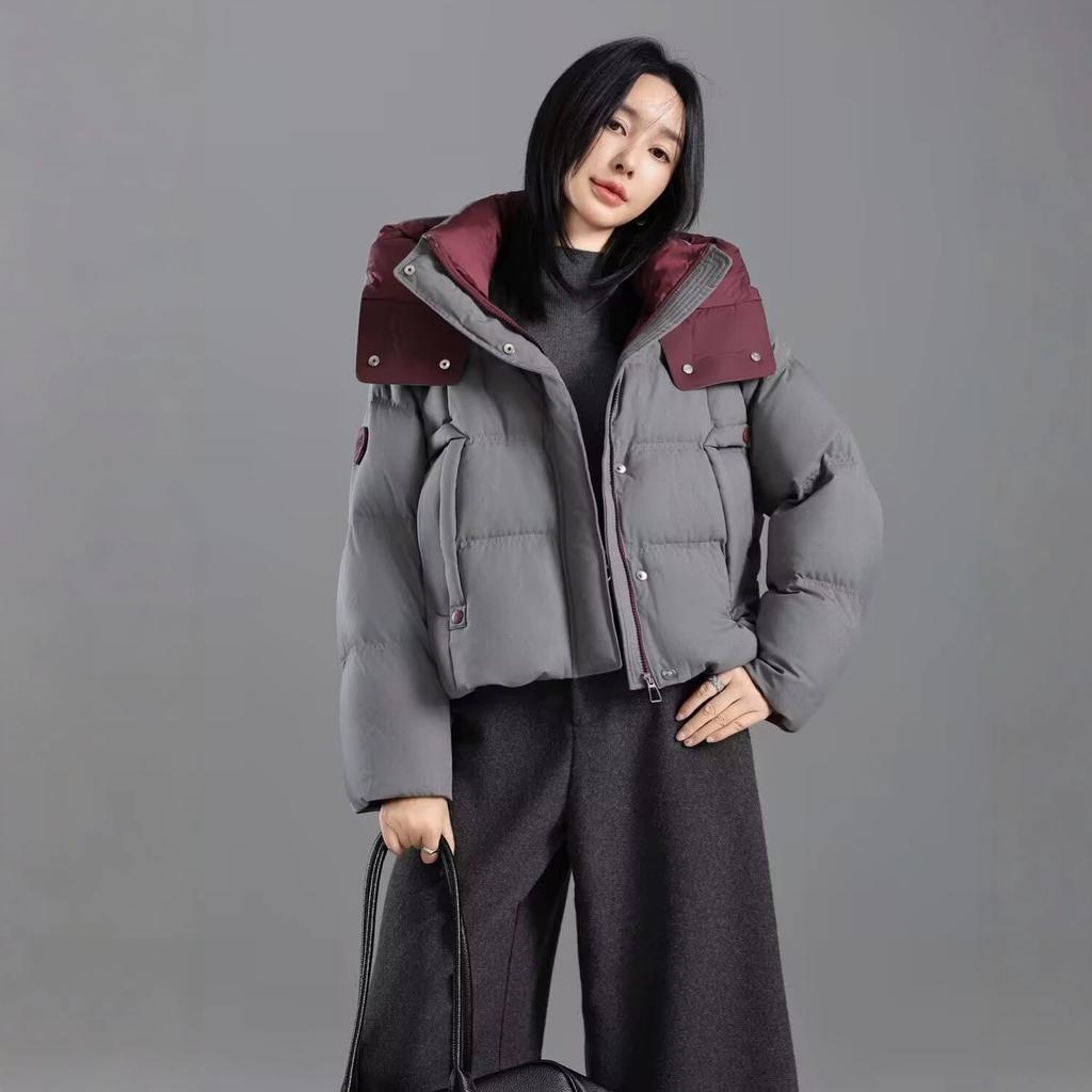 Contrast color down jacket women's short loose and thickened winter new hooded jacket duck down bread jacket