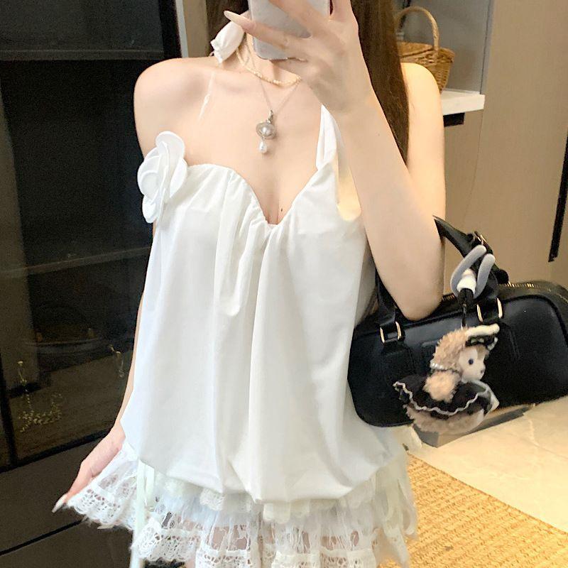 Chic 3D Floral Halter Crop Top - Summer Sleeveless Women s Camisole Small