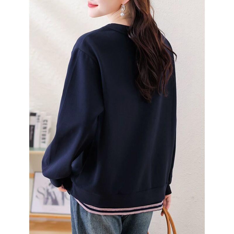 September Momo Fashion Stripe Fake Two Pieces Hoodie Ozhouzhan Plus size Leisure Women clothes 2025 New Autumn clothes Top