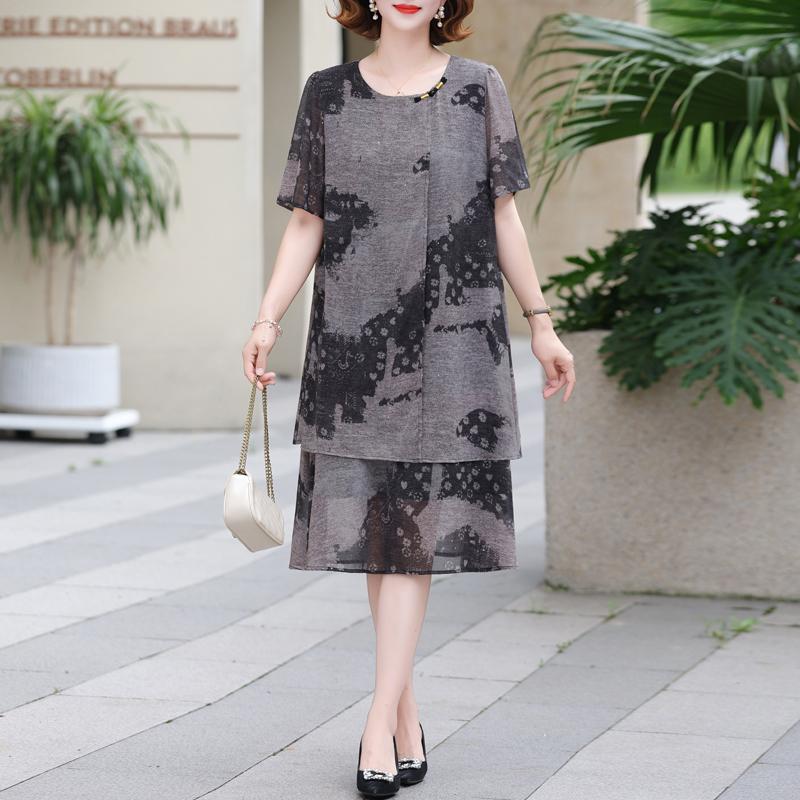 Women's Plus Size Printed Chiffon Dress, Double Layer Lined Loose Summer Maxi Dress (3XL-7XL)