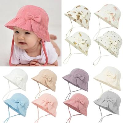 Baby Cotton Bowknot Bucket Hat Gyerek Fényvédő Kültéri sapkák Fiú lány Nyomtatott Panama Hat Unisex Beach Horgászsapka 3-12M-hez