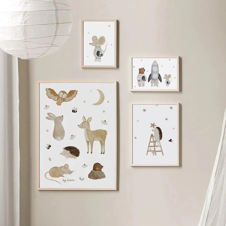 Boho Kreskówkowy Miś Panda Mysz Balon Samolot Plakaty Grafiki Malarstwo na Płótnie Obrazy Ścienne Do Pokoju Dziecięcego Dekoracja Domu