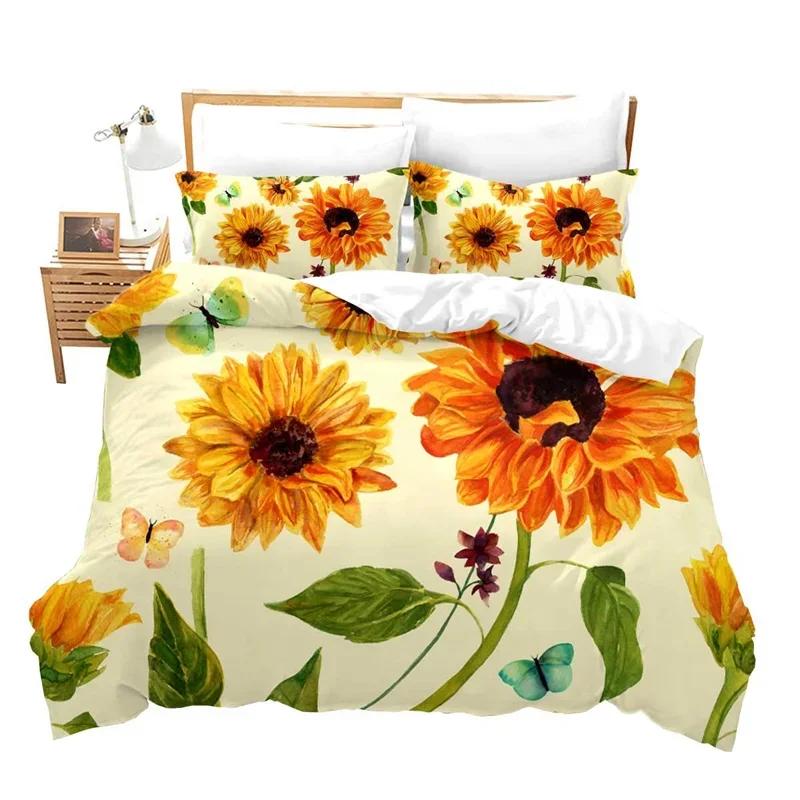 

Sunflower Duvet Cover Yellow Flower Bedding Set Single King Microfiber Farmhouse Green Leaves Floral Quilt Cover With Pillowcase EU Twin(135x200cm) чистый