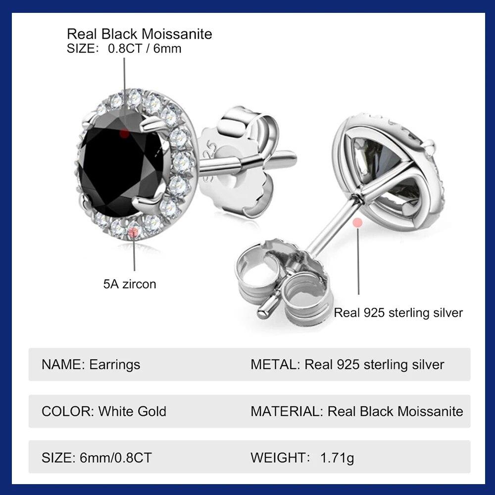 Schwarze Moissanit-Ohrstecker, 6 mm, für Damen und Herren, 925er Sterlingsilber, Halo-Diamant-Ohrring, Hochzeit, Party, Schmuck, Geschenk