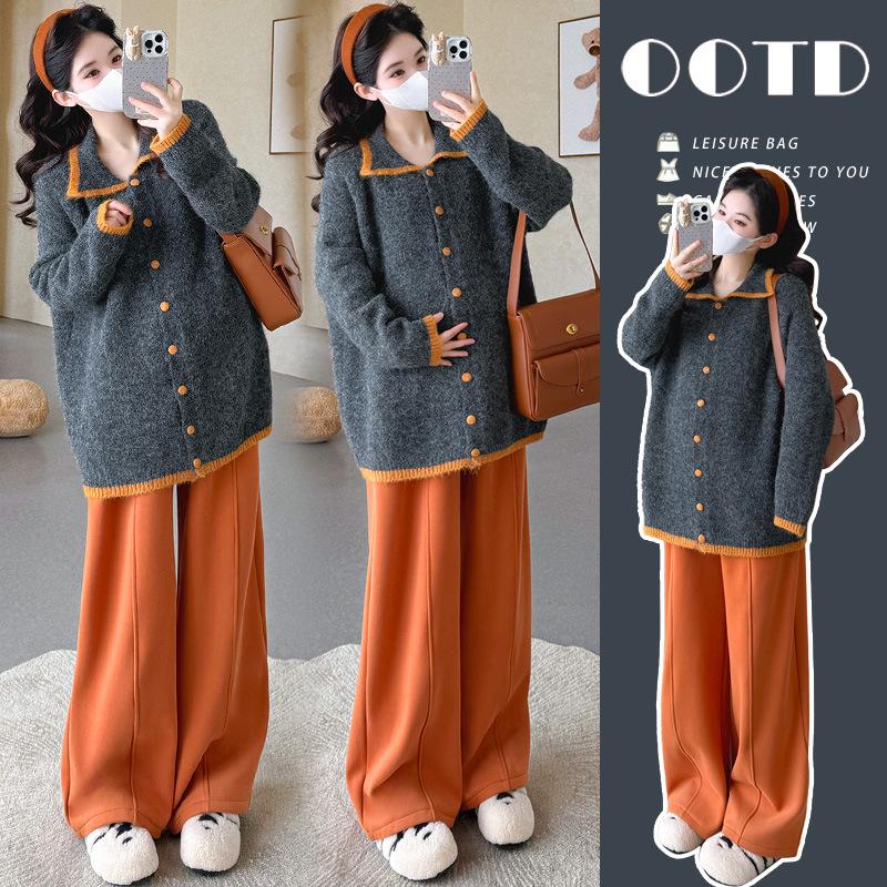 

Cozy Maternity Cardigan & Retro Fleece Wide-Leg Pants Set for Autumn/Winter XL