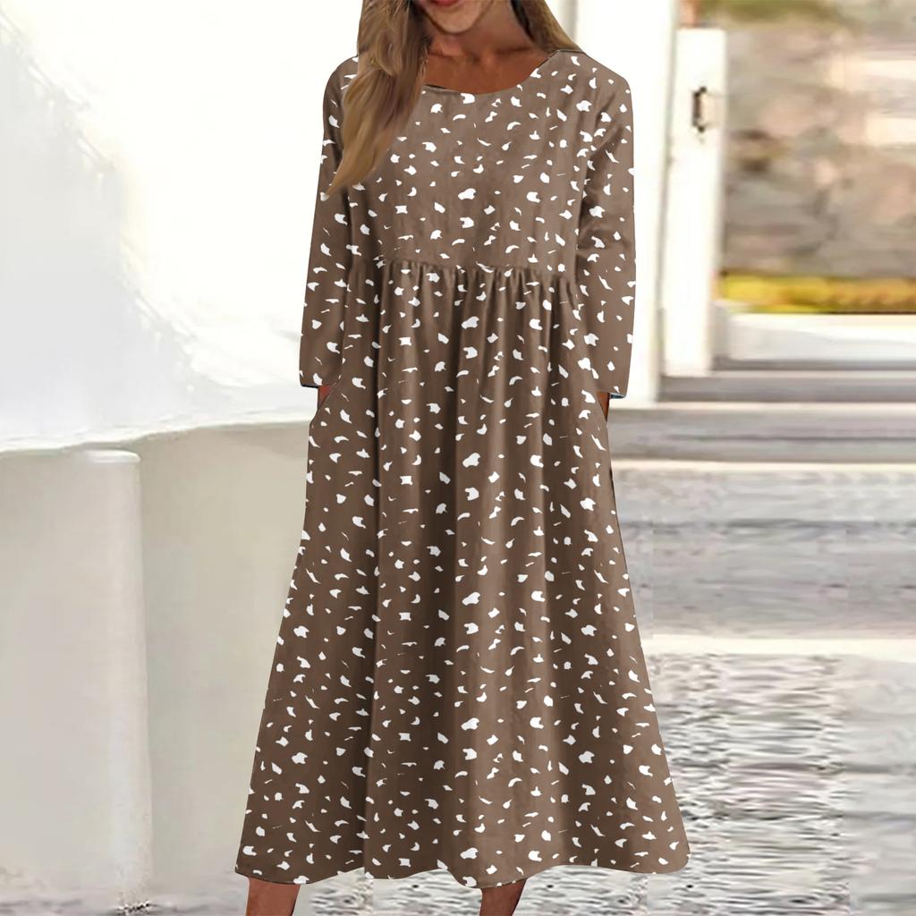 Women's Casual Round Neck Floral Print Midi Dress Long Sleeve Pocket Dress