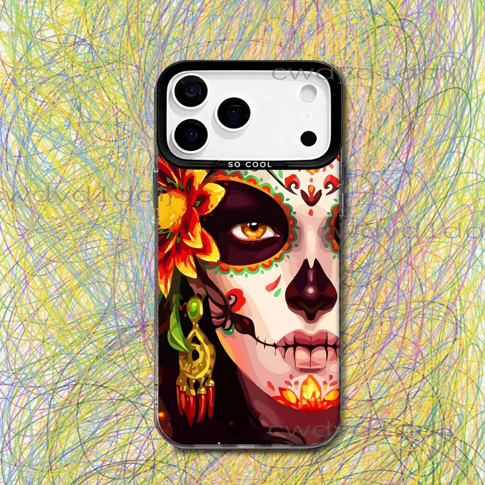 Mexican Catrina Skull Girls For iPhone 17,16,15,14,13,12,X,8,Pro,Max,Plus,SE4,Air,Mini Black IMD Matte Case