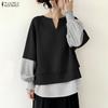 ZANZEA Damen Freizeit V-Ausschnitt Patchwork Langarm Bluse