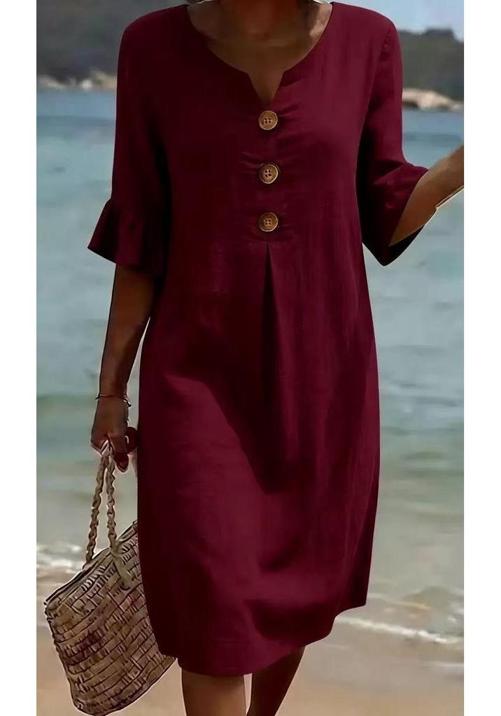 Frühjahr/Sommer 2026 Damen Baumwoll-Leinen Kleid mit V-Ausschnitt und Rüschenärmeln