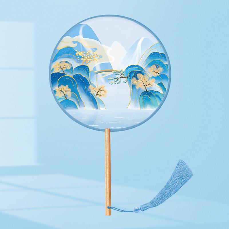 Girls' Summer Hanfu Dance Fan: Long Handle, Double-Sided Embroidered Round Fan for Traditional Costume