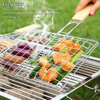 Barbecue Grilling Basket Stainless Steel Folding BBQ Rack Portable Grill Mesh with Wooden Handle Outdoor Camping Picnic Cookware
