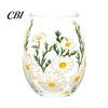 Patterned Translucent Glass Cup, Egg Shape Clear Lead-Free Crystal Enamel Painted Golden Rim Water Cup Vintage Drinking Tumbler, Large Capacity