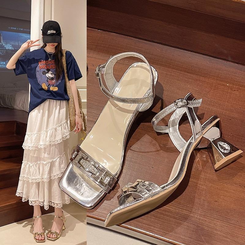 Leather Thick Heel Sandals Women's Summer New Mid-heel Fashion Rhinestone Versatile Skirt Temperament High Heels