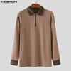INCERUN Autumn Men Lapel Neck Long Sleeve Stitching Patchwork Rib Knitted Pullovers Tops