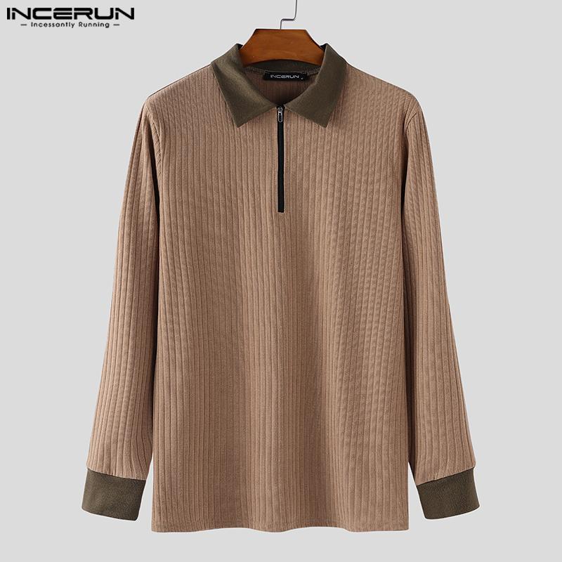 INCERUN Autumn Men Lapel Neck Long Sleeve Stitching Patchwork Rib Knitted Pullovers Tops