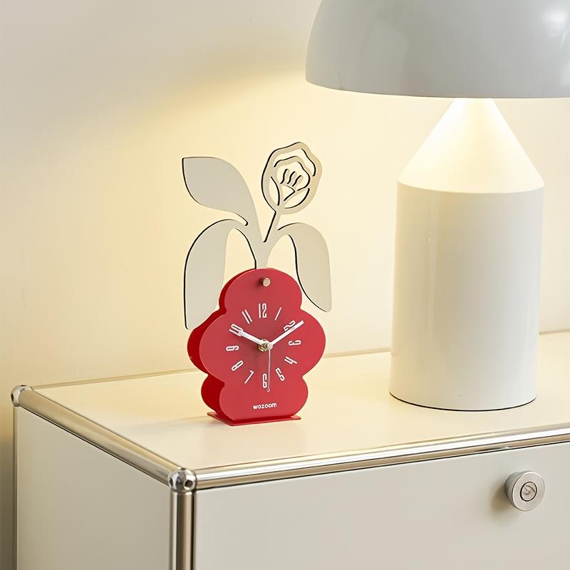 Floral Desktop Clock , Silent Non Ticking Battery Operated, Artificial Wood with Deep Brown Base , White Floral Design, Irregular Shape for Bedroom