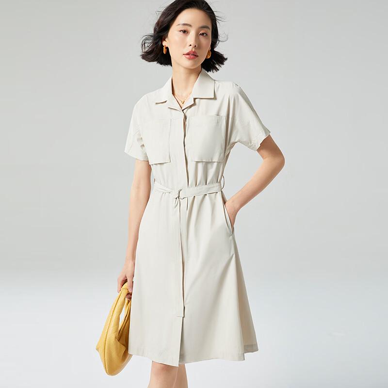 Elegant Casual Summer Shirt Collar A-line Dress with Belt XL абрикосовый
