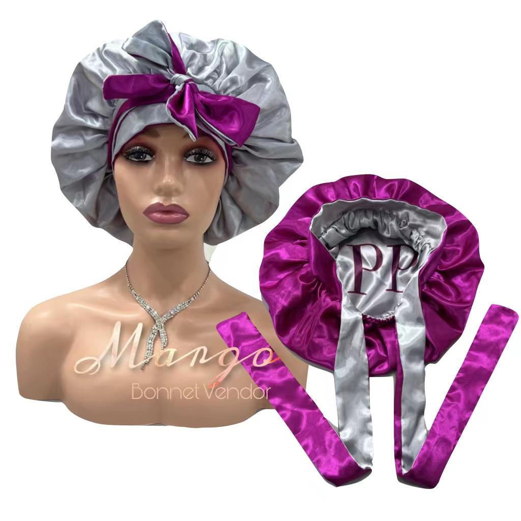 Free Sample Satin Sleep Bonnets with Elastic Tie Bands Custom Silk Hair Bonnets with Logo