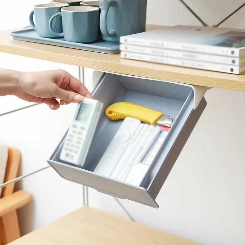 Under Desk Punch - free Self - Adhesive Storage Drawer Hanging Organizer School Stationery Case Pencil Tray Holder 2021