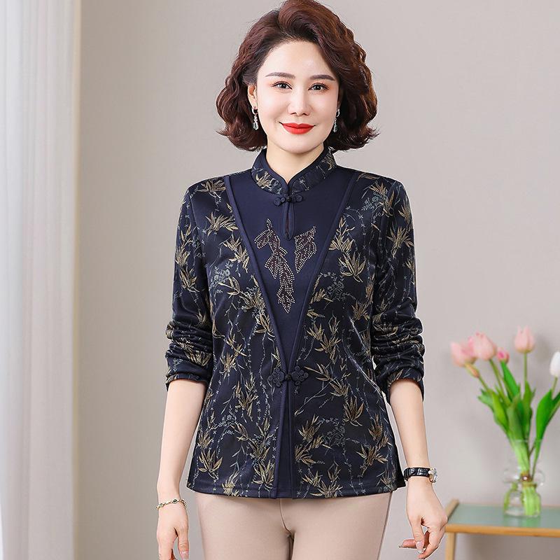 Spring Outfit: New Chinese Style Long Sleeve T-Shirt for Middle-Aged and Elderly Women, Plus Size Available