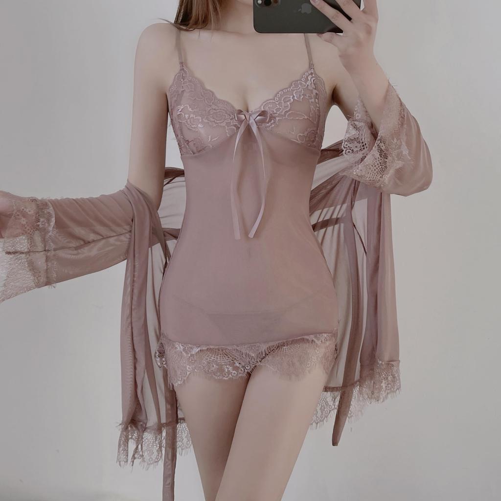 PHCOMRICH Babydoll Sexy Lingerie with Floral Cute and Half Slip Size Lace, Sheer, Gown, Camisole, Nightgown, (Cameo Brown, L)