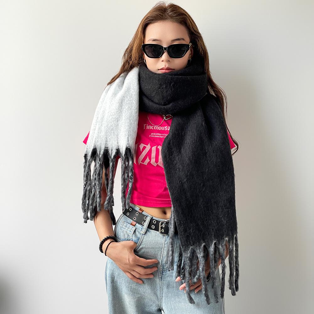 Autumn and winter scarf new women's shawl long fringed beard green thickened solid color scarf